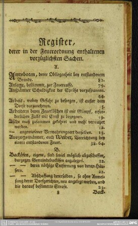 Register, derer in den Feuerordnung enthaltenen vorzüglichsten Sachen