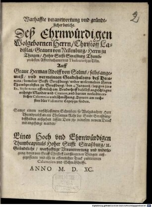 Warhaffte Verantwortung ... Gravens zu Nellenburg ... auff Grave ... zu Solms ... nichtige Mandat ...