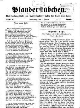 Plauderstübchen : Unterhaltungsblatt zum Kaiserslauterer Boten für Stadt und Land, 1868