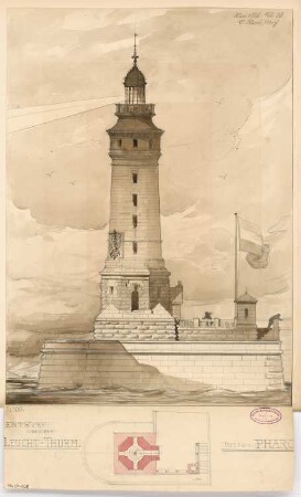 Leuchtturm Monatskonkurrenz Mai 1884: Grundriss 1:200, Aufriss Seitenansicht 1:100
