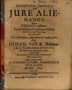 Disputatio Juridica De Jure Alienandi
