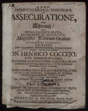 Disputatio Iuridica Inauguralis, De Assecuratione, Vulgo Assurantz