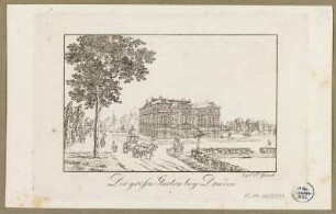 Ansicht vom Palais im Großen Garten, Radierung um 1810 : Der Großen Garten bey Dresden / bey C. F. Sprinck. - [Dresden] , [ca. 1810]. - 1 Kunstblatt : kolorierte Radierung ; 12,4 x 8,1 cm