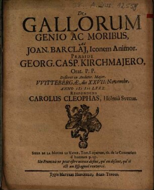 De Gallorum Genio Ac Moribus : Ad Joan Barclaij, Iconem Animor.