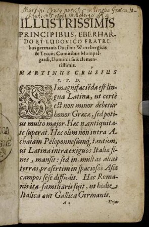 Illustrissimis Principibus, Eberhardo Et Ludovico Fratribus germanis Ducibus Wittebergicis [...]