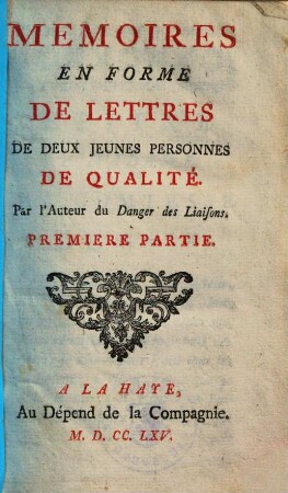 Mémoires en Forme de Lettres de deux jeunes Personnes de Qualité, 1