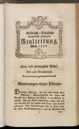 Drey und zwanzigstes Stück; Den 4ten Brachmonat. Wien, 1776.