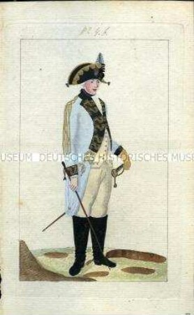 Uniformdarstellung, Offizier des Kürassier-Regiments K 4 in Gala-Uniform, Königreich Preußen, 1789, Tafel aus: Horvath: Preussische Armee-Uniformen unter der Regierung Friedrich Wilhelm II.