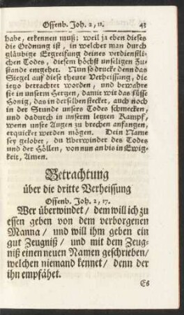 Betrachtung über die dritte Verheissung. Offenb. Joh. 2,17.