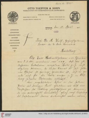 Briefe von Otto Toepfer an Max Wolf: Brief von Werkstätten für Wissenschaftliche Instrumente Otto Toepfer & Sohn (Potsdam) an Max Wolf