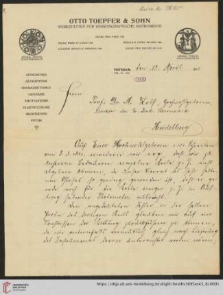 Briefe von Otto Toepfer an Max Wolf: Brief von Werkstätten für Wissenschaftliche Instrumente Otto Toepfer & Sohn (Potsdam) an Max Wolf