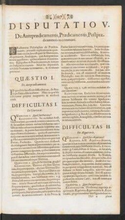 Disputatio V. De Antepraedicamentis, Praedicamentis, Postpraedicamentis in communi