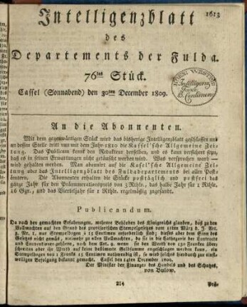 76tes Stueck, (Sonnabend) den 30ten December 1809