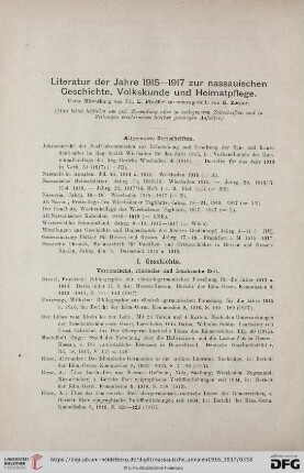 Literatur der Jahre 1915-1917 zur nassauischen Geschichte, Volkskunde und Heimatpflege