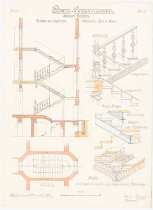 Baukonstruktion: Treppendetails: 5 Schnitte, 2 perspektivische Ansichten, 1 Grundriss 1:50