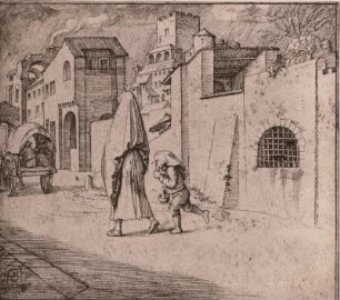 Straße, über der Kastell mit viereckigem von Zinnen bekröntem Turm aufragt, eine schreitende Frau und Kind im Vorgrund