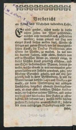 Vorbericht an Kunst und Wahrheit liebenden Leser