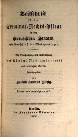Zeitschrift für die Criminal-Rechts-Pflege in den preussischen Staaten mit Ausschluß der Rheinprovinzen. 19. 1831