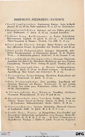 Irdengut, Steinzeug, Fayence (Nr. 1-21)