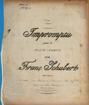 Impromptus : pour le piano-forte ; oeuv. 90, 1. Pl.Nr. 5071. - 1 Bl., 8 S.