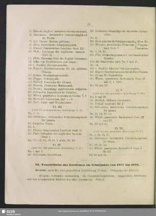 VI. Verzeichniss der Lectionen im Schuljahre von 1877 bis 1878