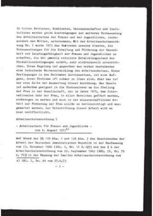 Arbeitsschutzanordnung 5 : Arbeitsschutz für Frauen und Jugendliche vom 9.8.1973