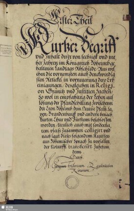 Erster Theil. Kurtzer Begriff vnd Inhalt derer von sechzigk vnd mener Iahren im Königreich Böheimb gehaltenen Landtags Abschiede