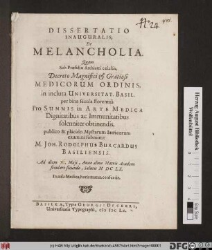 Dissertatio Inauguralis, De Melancholia