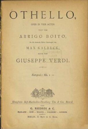 Othello : Oper in vier Acten