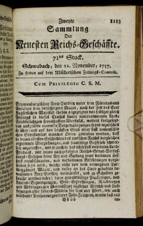 71tes Stuck. Schwabach, den 22. November, 1757.