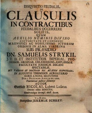 Disquisitio de clausulis in contractibus feudalibus occurrere solitis