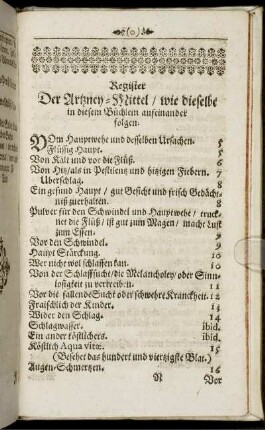 Register der Artzney-Mittel, wie dieselbe in diesem Büchlein aufeinaner folgen