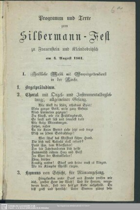 Programm und Texte zum Silbermann-Fest zu Frauenstein und Kleinbobritzsch am 4. August 1861