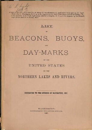 List of beacons, buoys, and day marks of the United States on the Northern lakes and rivers. 1897