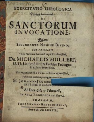 Exercitatio Theologica Prior kataskeuastikē, De Sanctorum Invocatione : Ex Matthaei cap. IV. vers. 10. Eaque Solennis & Inauguralis Pro Loco, In Facultate Theologica, rite obtinendo