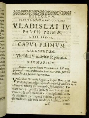 Caput Primum. Argumentum. Vladislai IV. nativitas & pueritia.