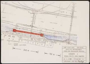 Südschleuse, Mainz-Kostheim Schinkelwettbewerb 1987: Lageplan Variante 3: Schleuse 240 x 12m, obere Liegestelle 1:2000