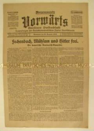 Fragment des Zentralorgans der SPD "Vorwärts" zur Amnestie in Bayern u.a. für Hitler und Erich Mühsam