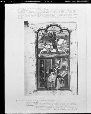 Jacobus Palladini de Anacharano, Prozeß des Teufels Belial mit Christus; der 'Grüne Teufel' — Bildseite mit zwei Miniaturen, Folio 1verso