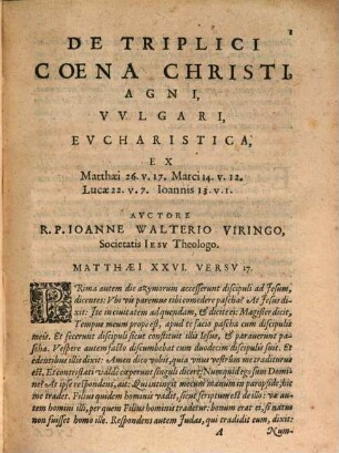 De triplici coena Christi agni, vulgari Eucharistica