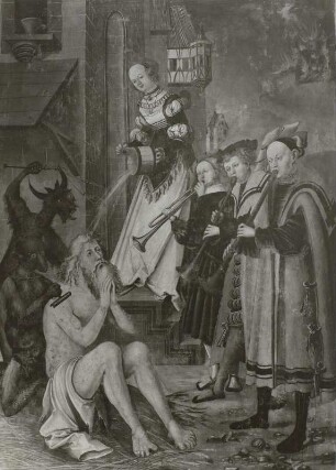 Döbeln, Nicolaikirche, Innenraum, Altar : Flügelaltar, 2. Wandlung, linker Flügel, oben mit Darstellung Hiob
