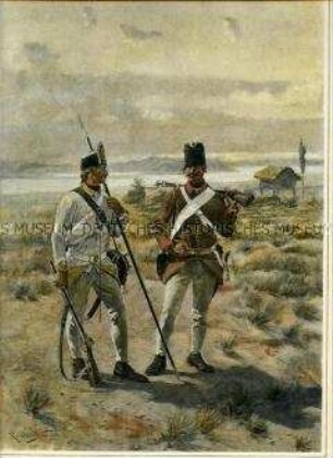 Uniformdarstellung, Scharfschütze und Gemeiner der Grenz-Infanterie, Österreich, 1700/1798. Tafel 25 aus: Ottenfeld/Teuber: Die österreichische Armee.