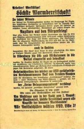 Propagandaflugblatt der KPD zur Reichstagswahl am 31. Juli 1932 mit dem Aufruf zum bewaffneten Selbstschutz gegen eventuelle Provokationen der Nazis