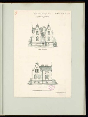 Ländliches Wohnhaus, Berlin-Lichterfelde Monatskonkurrenz April 1881: Aufriss Straßenansicht, Seitenansicht; Maßstabsleiste