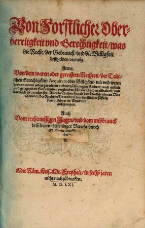 Von forstlicher Oberherrligkeit und Gerechtigkeit, was die Recht, der Gebrauch und die Billigkeit deßhalben vermög