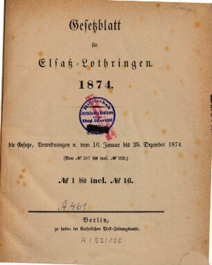 Gesetzblatt für Elsaß-Lothringen. 1874, 1874