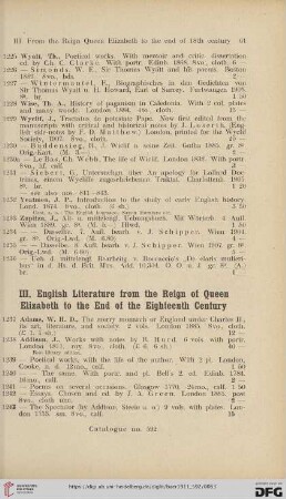 III. English Literature from the Reign of Queen Elizabeth to the End of the Eighteenth Century (No. 1237 - 2750)