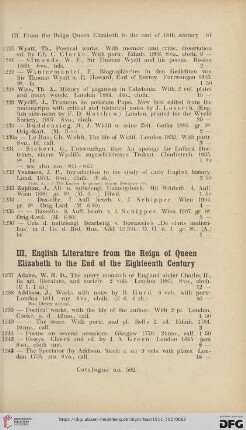 III. English Literature from the Reign of Queen Elizabeth to the End of the Eighteenth Century (No. 1237 - 2750)