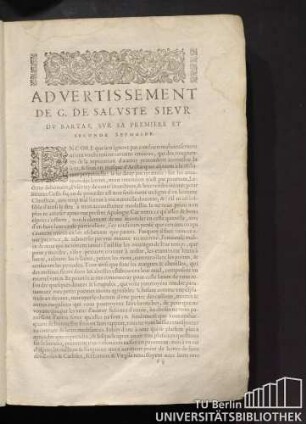 Advertissement De G. De Saluste Sieur Du Bartas, Sur Sa Premiere Et Seconde Sepmaine.