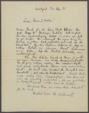 Brief von Paul Bonatz an Georg Kolbe